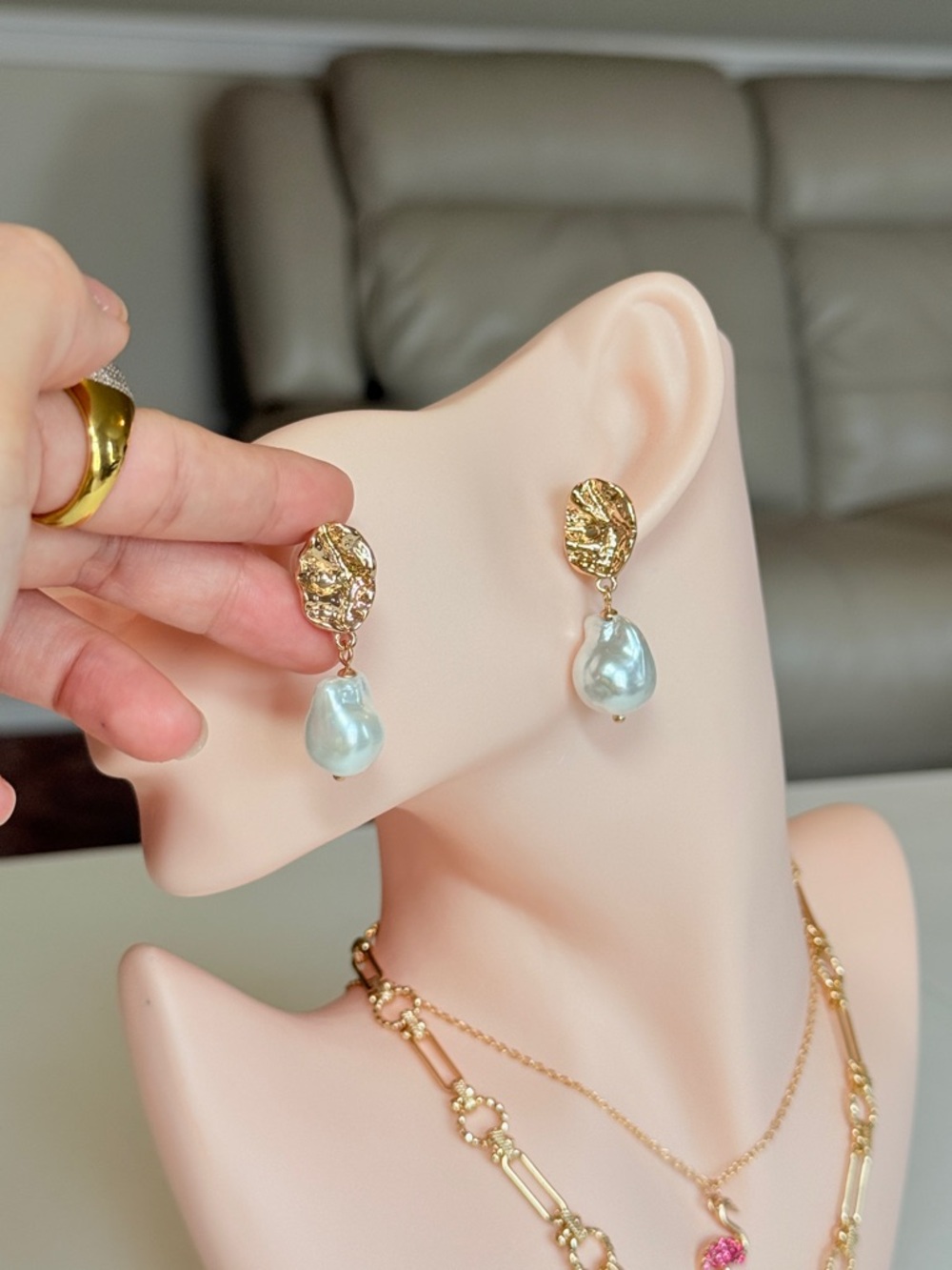 Gold-Tone Drop Pearl Earrings with Blue Pearl - Picture 6 of 10